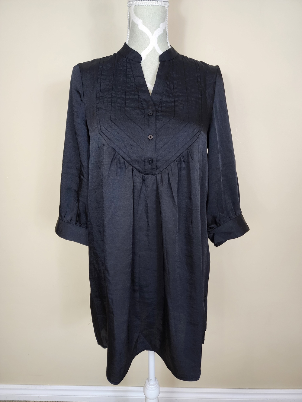 Black Satin Gothic Style Pintuck Button Front Tunic Blouse Small Dark Romantic